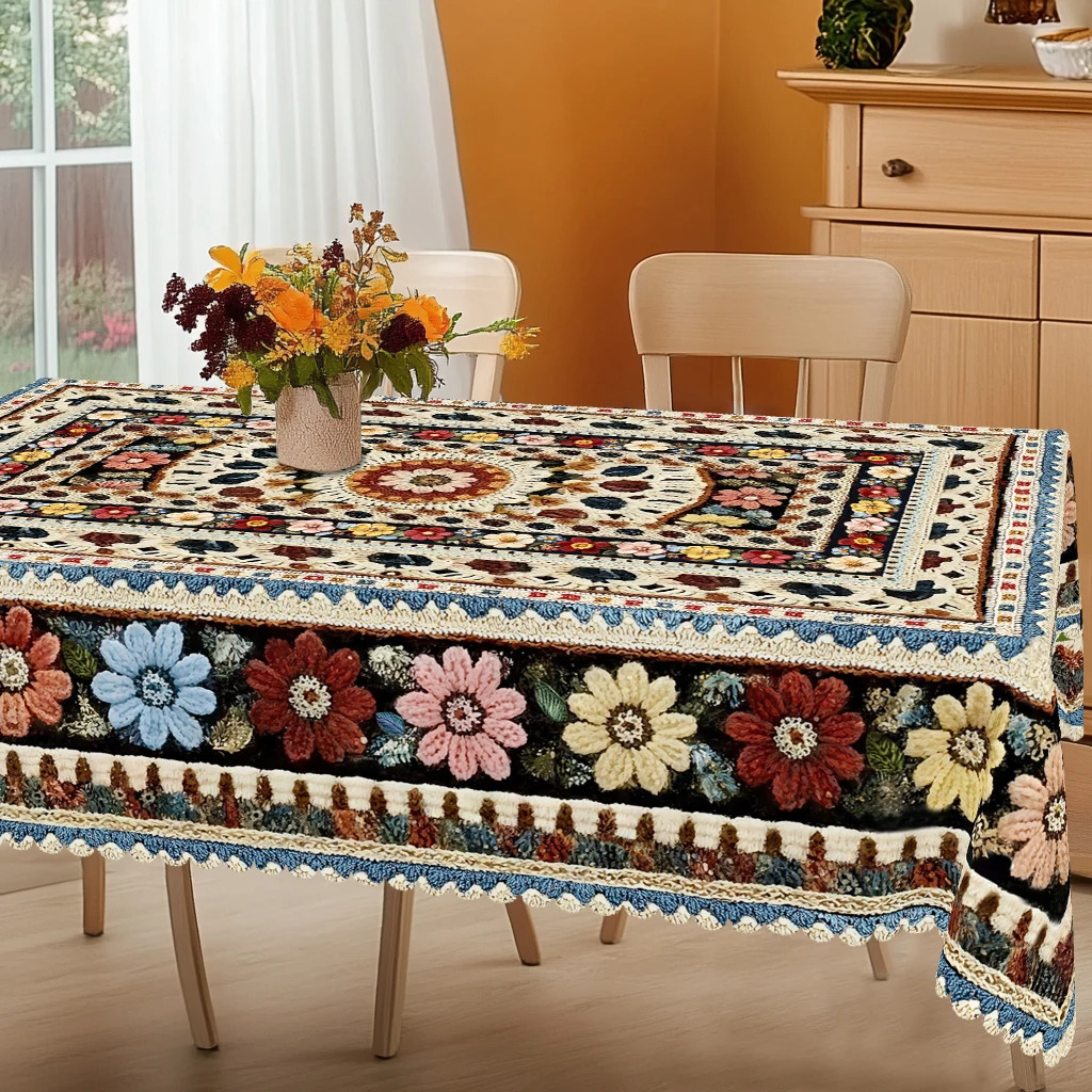 1 Piece of Bohemian Style Printed Round and Rectangular Tablecloth, Available in Multiple Sizes, with Intricate Geometric Patterns and Colorful Floral Designs Interwoven, Warm Brown Background Color Highlighting Vibrant Flower Clusters, and a Printed Tablecloth with Contrasting Blue, Pink, and Yellow Petals Arranged in a Staggered Pattern, with Embossed Edges, Suitable for Home Dining Tables, Balcony Leisure Areas, and as a Vintage Atmosphere Decoration, Spring and Summer Home Decor