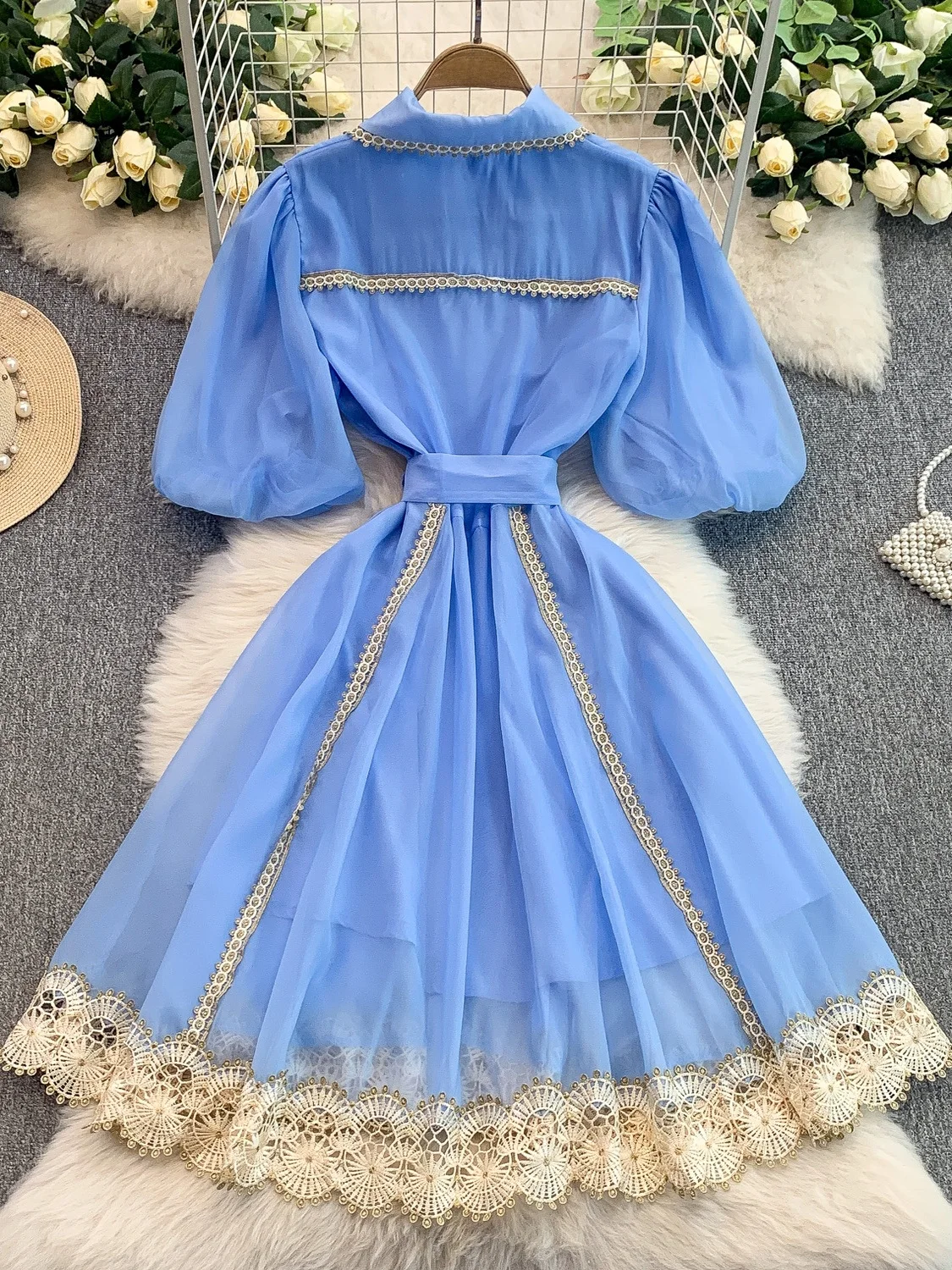 Retro Sweet Lace Trimmed Collar Dr Women's New Single Button Waist Cinching Slimming Midi Skirt Korean Sle Commute