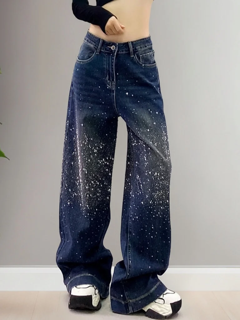

Slimming High Waist Denim Jeans Faionable Straight Leg Wide Leg Pants for Women Casual Multi-ket High Waist Blue Jeans