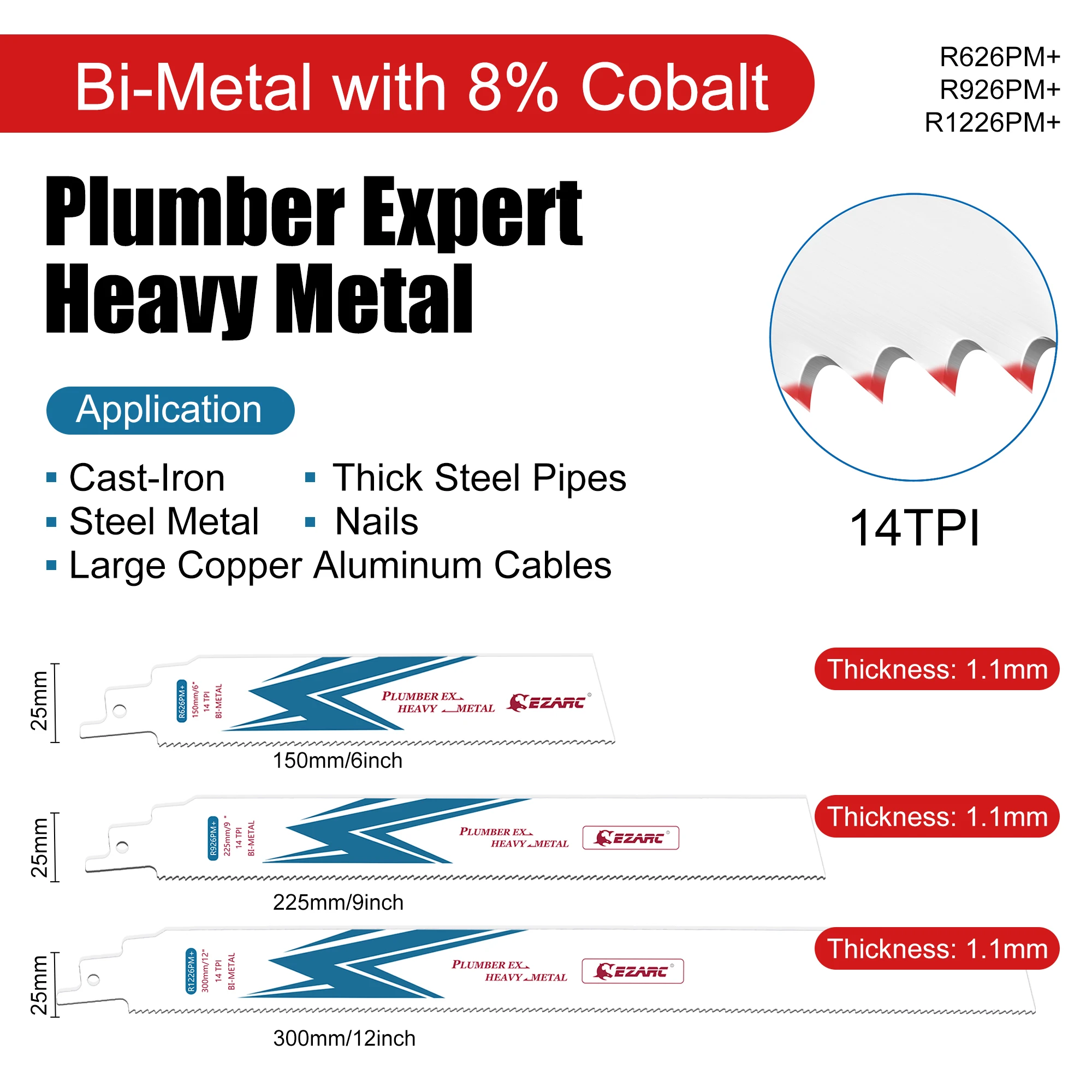 EZARC Reciprocating Saw Blade Bi-Metal Cobalt Sabre Saw Blades for Heavy Metal Cutting 14TPI R626PM+ R926PM+ R1226PM+ (5-Pack)