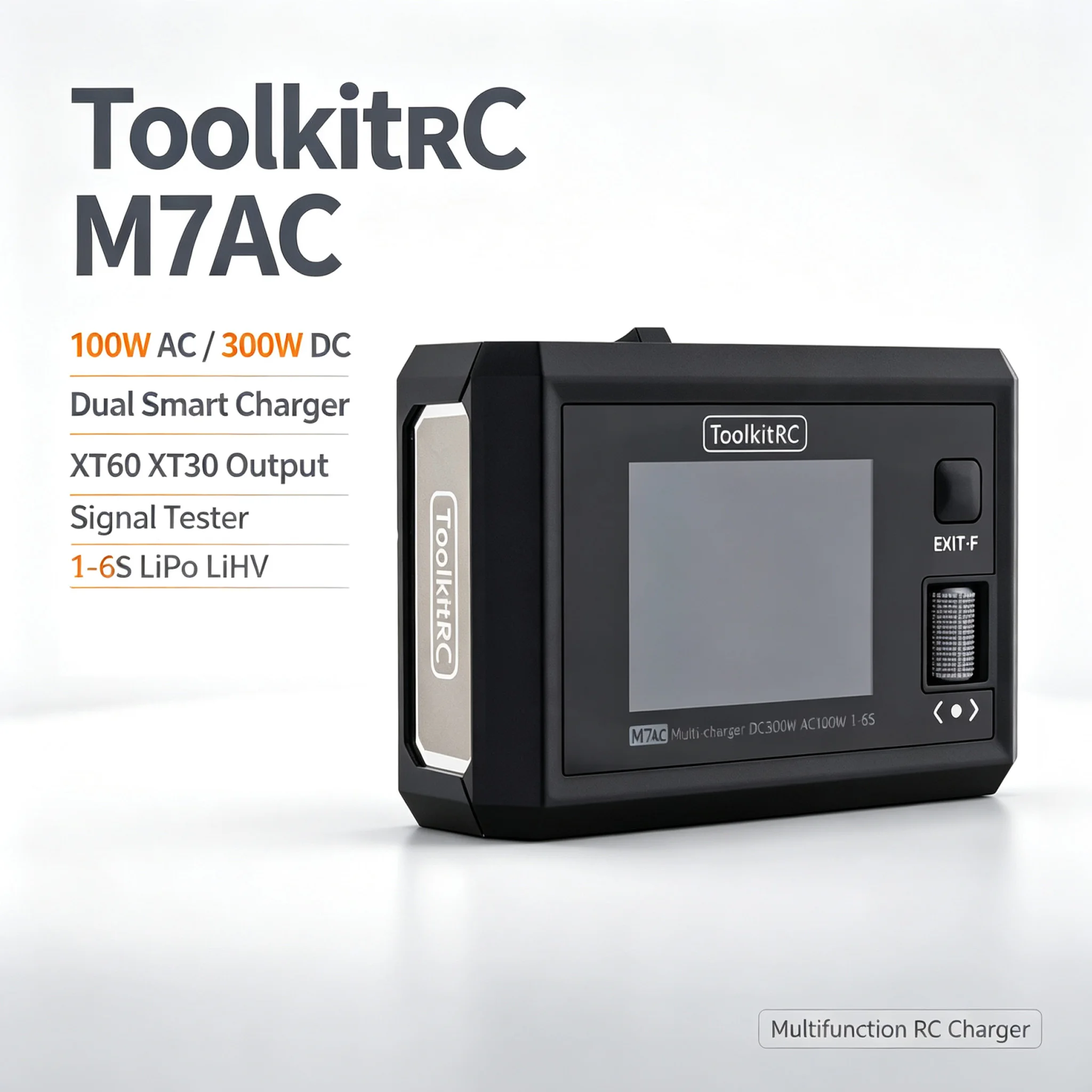 ToolkitRC M7AC 100W AC 300W DC Dual Smart Charger XT60 XT30 Output Signal Tester for 1-6S LiPo LiHV RC Drone Battery