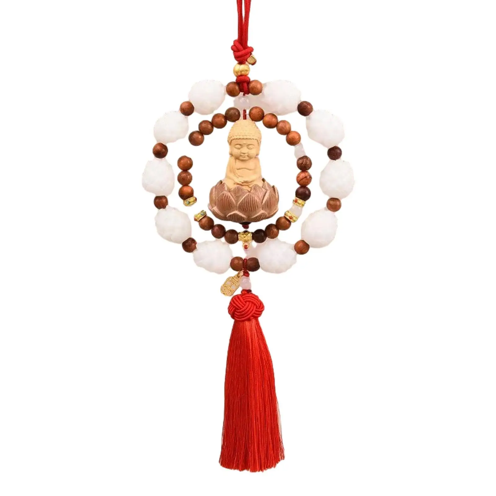 Rear View Mirror Pendant Wood Buddha Statue Tassel Charm Car Interior Dangle Ornament Lucky Gift Idea