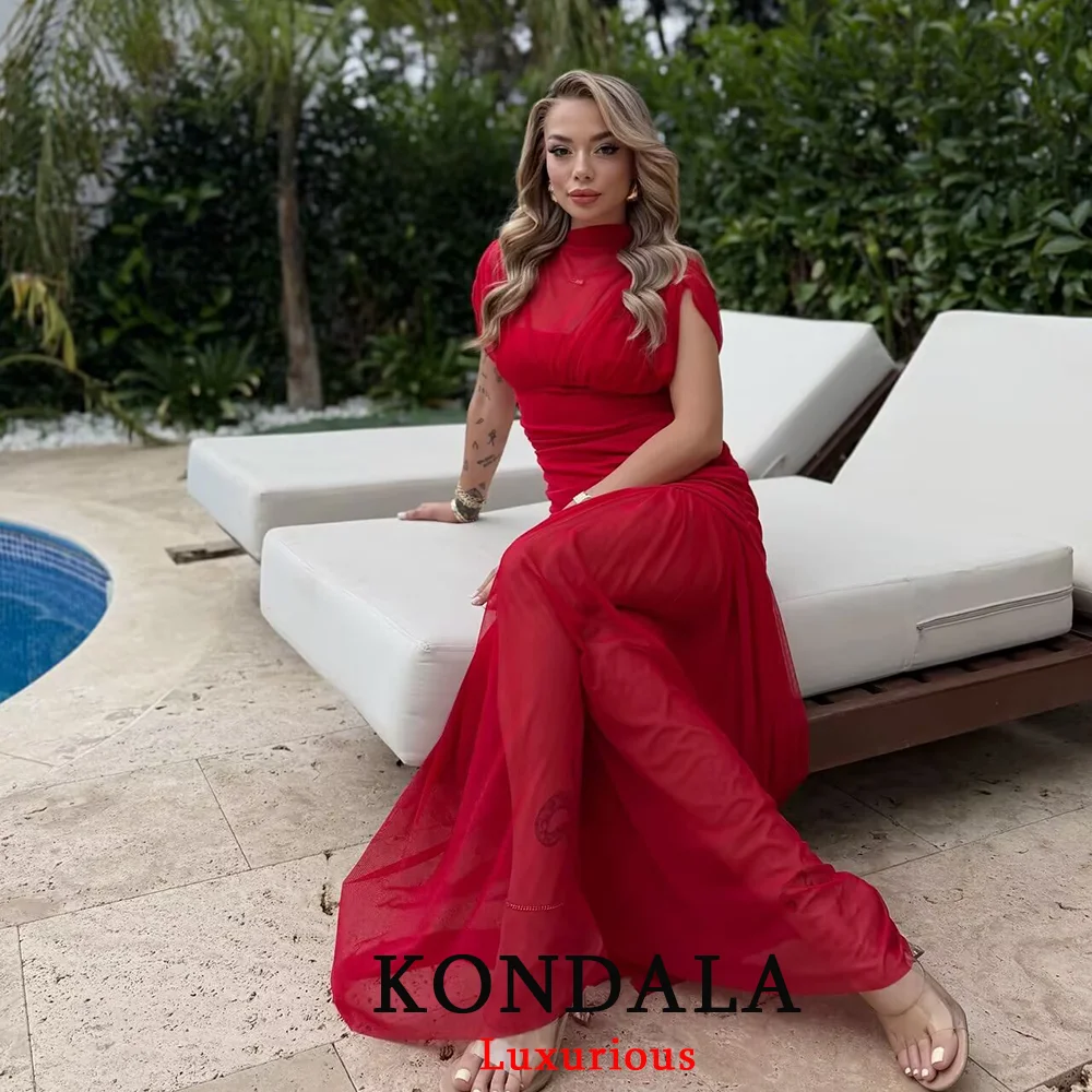 KONDALA فستان طويل مثير بطيات شبكية للحفلات للنساء بياقة مدورة وأكمام قصيرة فستان طويل نحيف موضة خريف 2025 فستان نادي مسائي