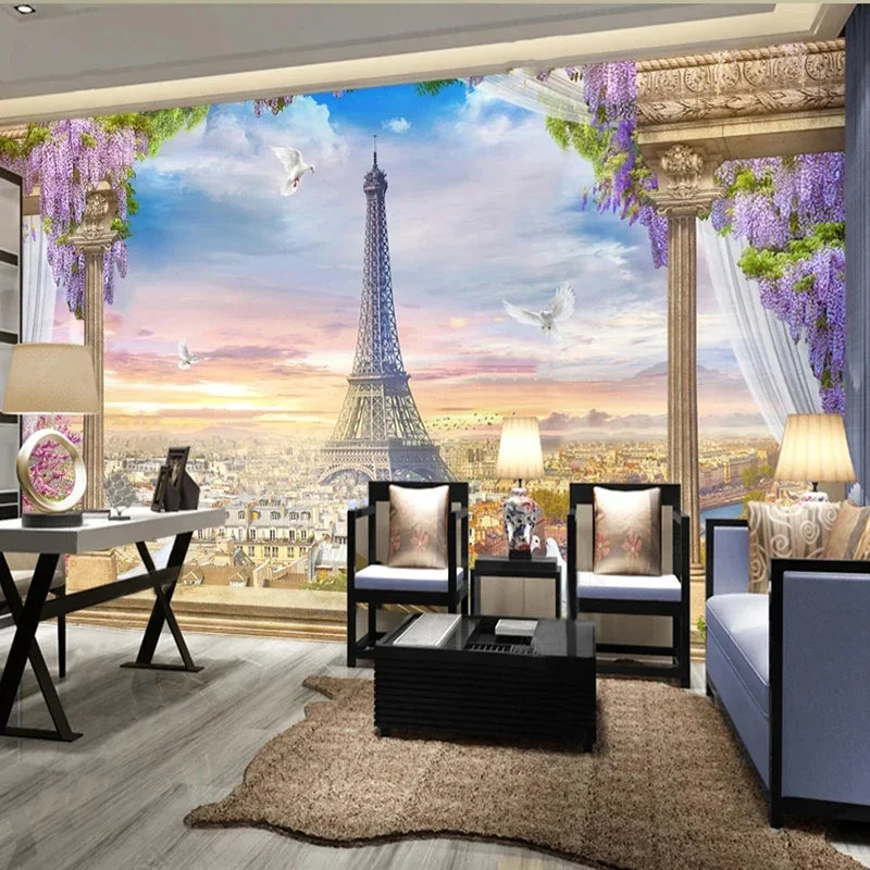 

Custom Wall Cloth 3D European Tower Purple Flower Landscape Photo Mural Wallpaper Bedroom Living Room Backdrop Home Decor Fresco