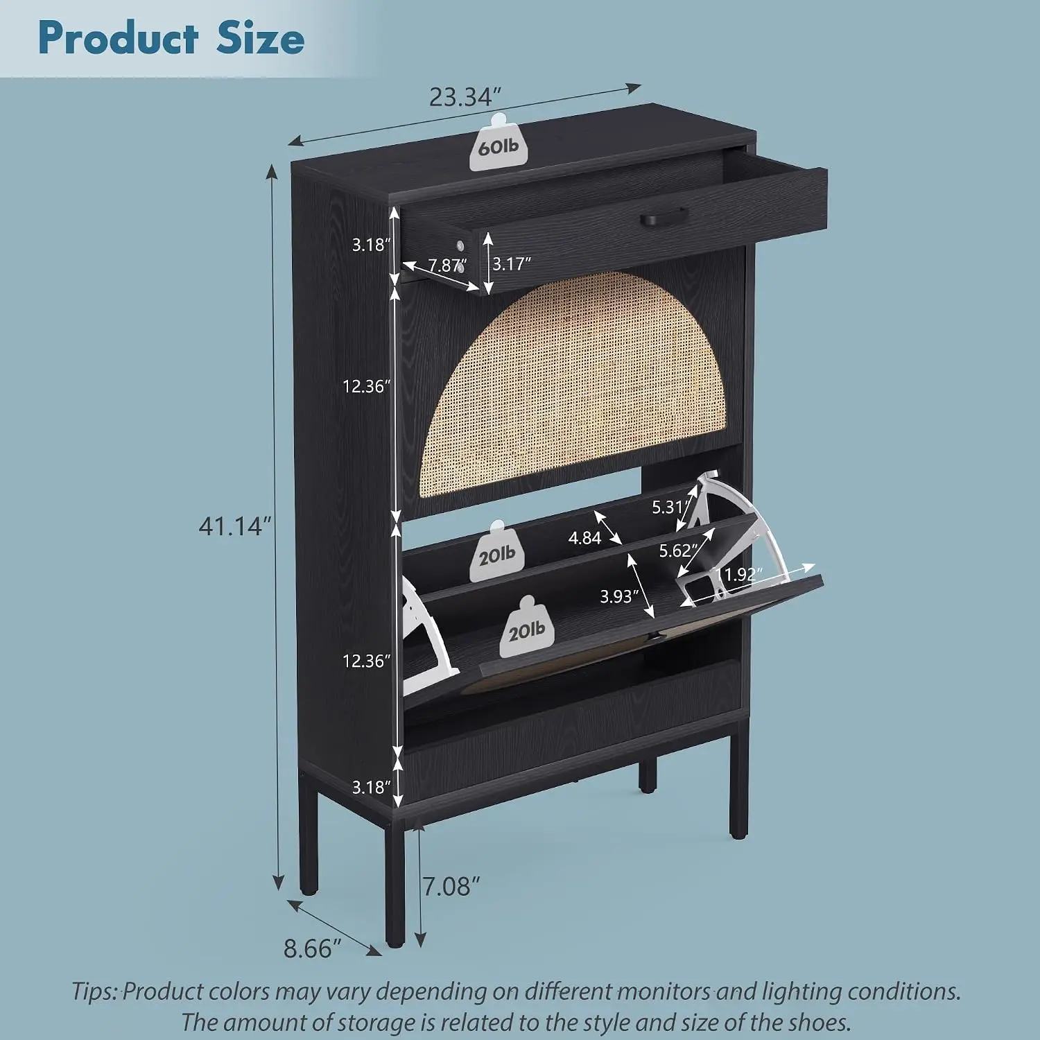 Shoe Cabinet with 2 Flip Drawers Rattan Weave Storage for Sneakers & Slippers Black, Customized