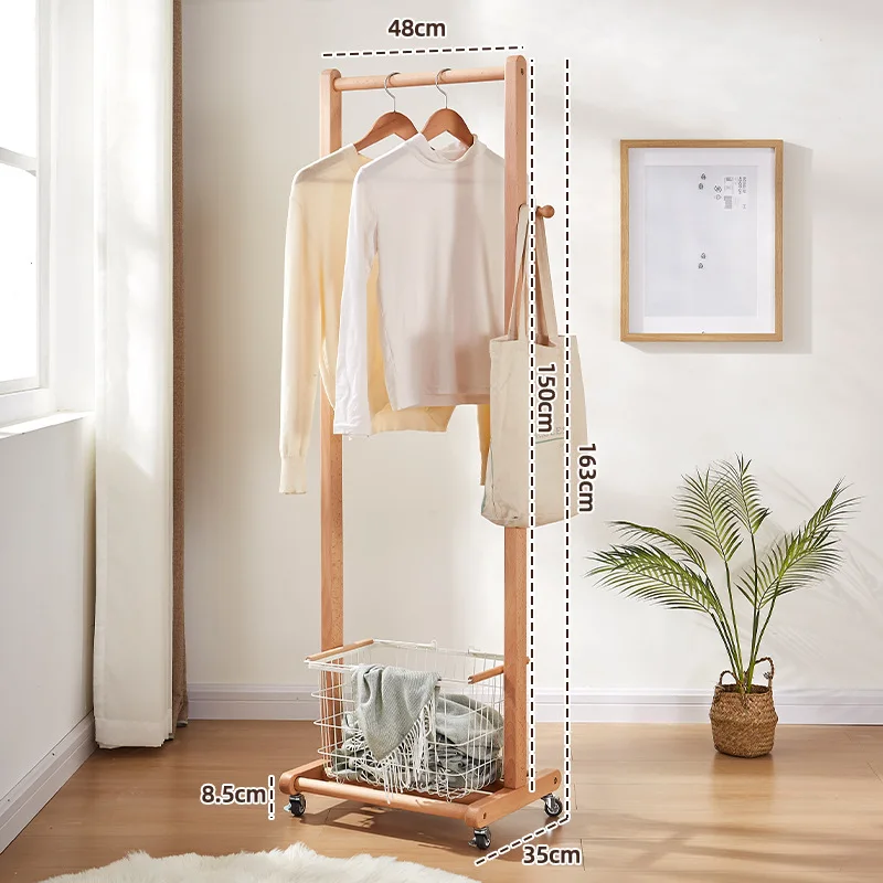 Solid Wood Floor Standing Clothes Rack with Casters for Bedroom Small Space Wardrobe Organizer Drop Shipping Direct from