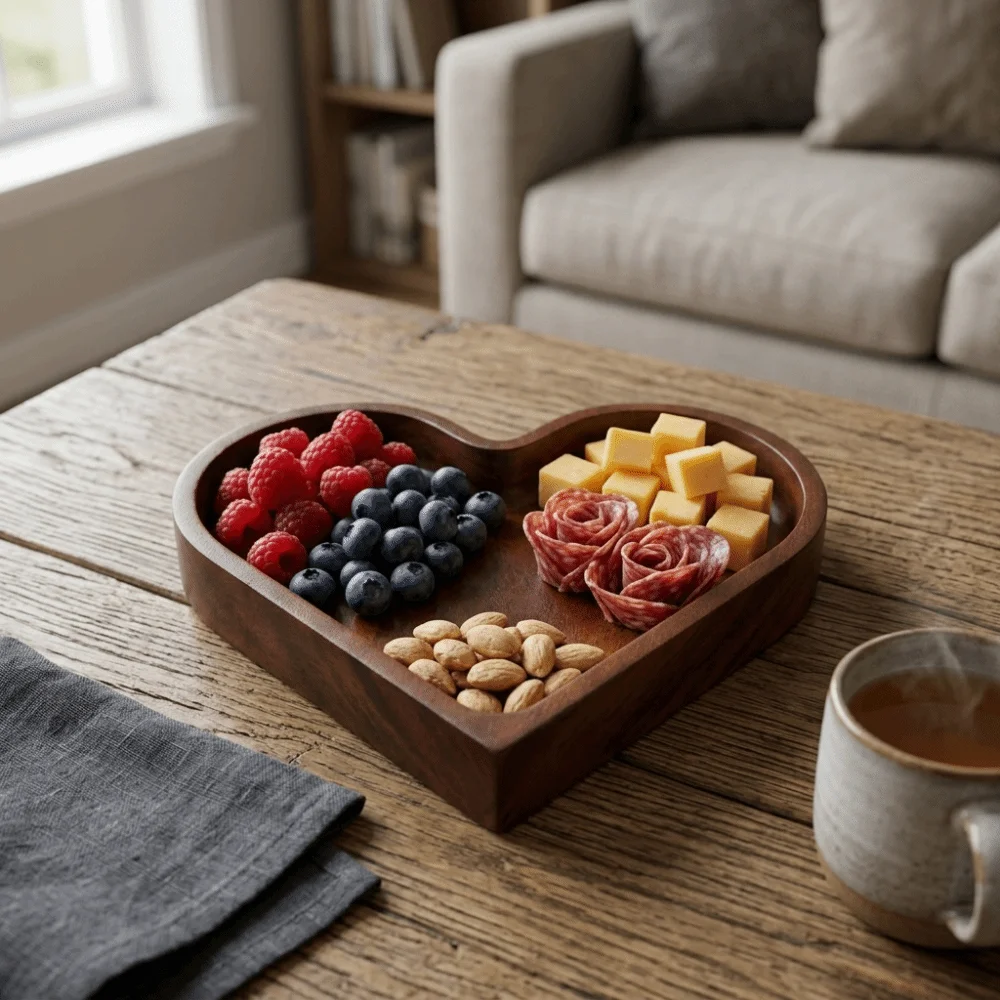 Solid Wood Wooden Tray Smooth Thickened Serving Platter Flat Stable Bottom Heart Outline Dessert Tray Fruit Serving