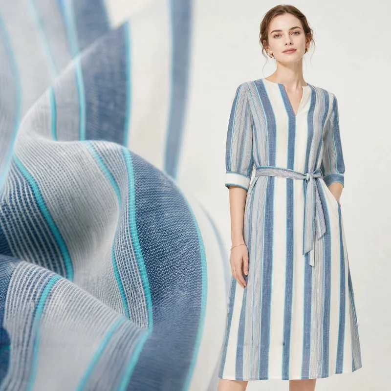 2Yards Fresh and artistic Blue and white striped cotton-linen breathable fabric dress, shirt, cheongsam, pantsdiyFabricA