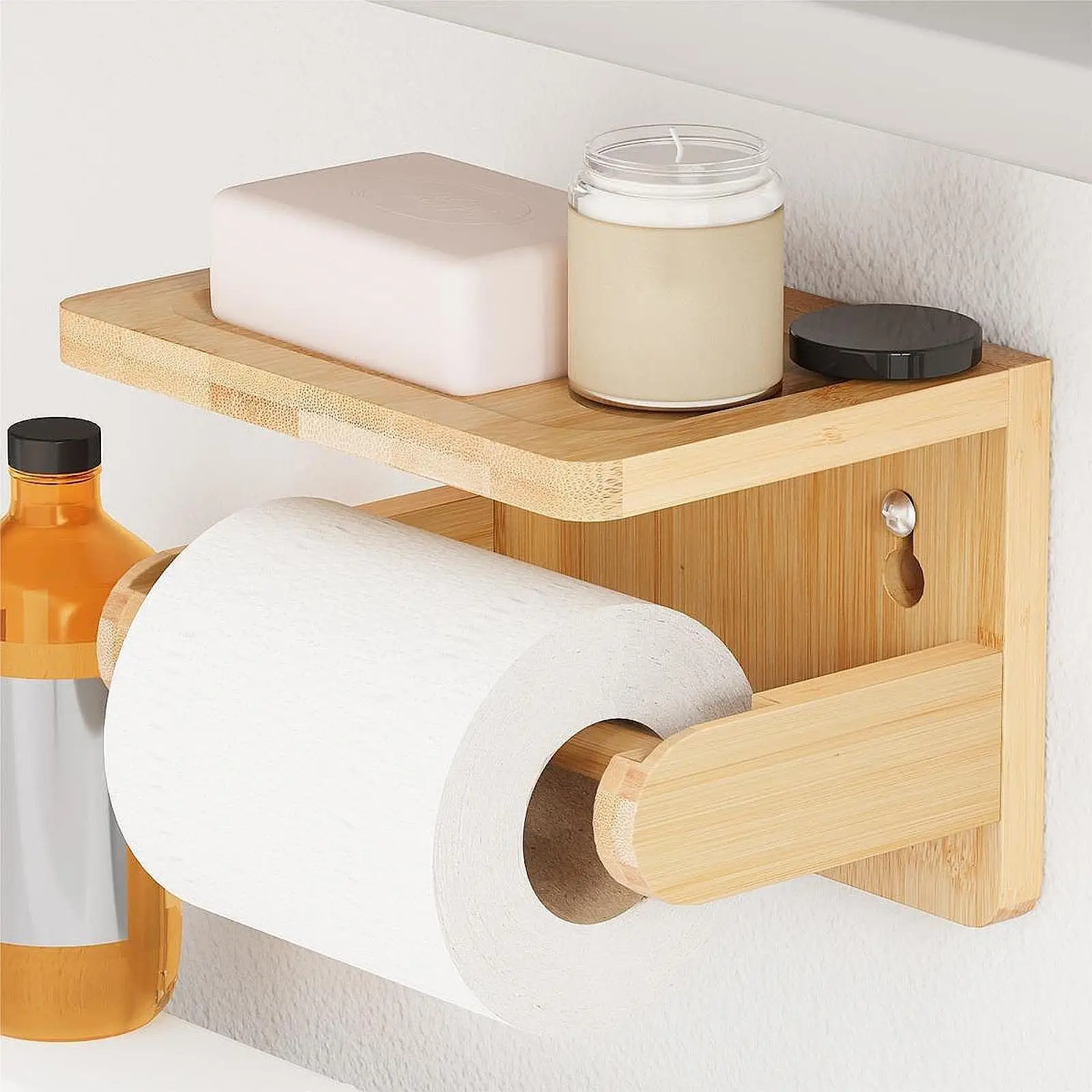 

Toilet Paper Holder with Shelf Bathroom Decor Multifunctional Toilet Ppaer Dispenser Bamboo for Hotel Washroom Toliet Bathroom