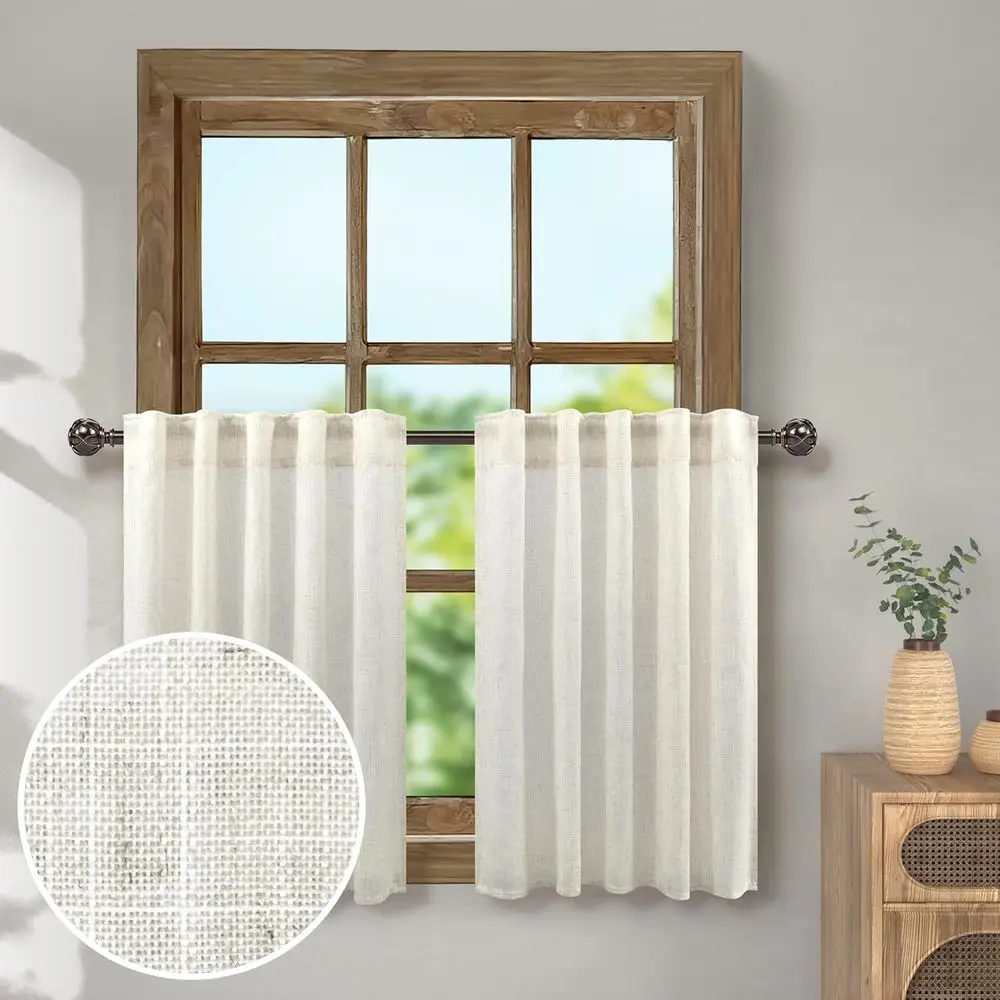 

Linen Cafe Curtains 24 Inch Length Back Tab Pocket Pleated Boho Farmhouse Kitchen Window Curtains Over Sink Sheer Short Tier Cur