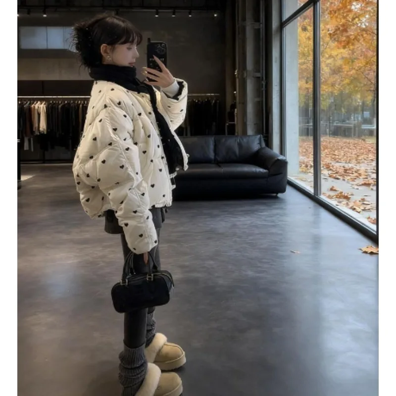 شتاء جديد متعدد الاستخدامات الحد من العمر سترة فضفاضة متعددة الاستخدامات الكورية موضة الحب طباعة الوقوف طوق سميكة الملابس القطنية الدافئة #4