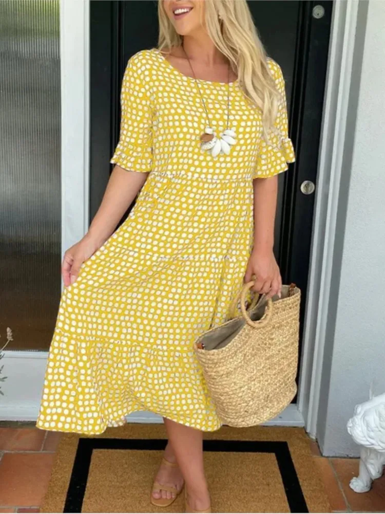 

Women Summer Dress 2025 New Fashion Round-neck Floral Printed Short-sleeved Dresses Vestidoes Clothing Leisure Commuter Dress