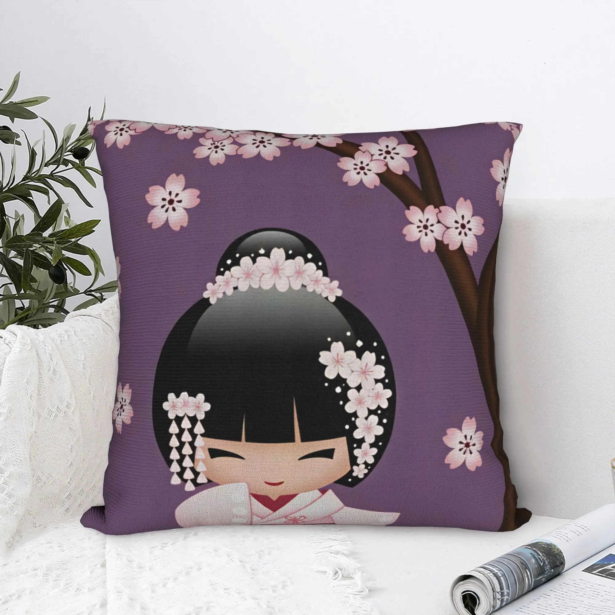 Pillow Cover Japanese Girl Sakura Kokeshi Doll Graphic Cushion Cover  Fashion Pillow Case For Sofa Home Decoration Pillowcases