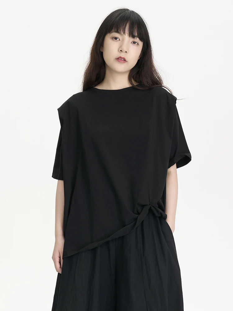 Dark Style Shoulder Pleated Single Side T-Shirt New Summer Product Loose Fit Cotton round Neck Short Sleeve Women's T-Shirt