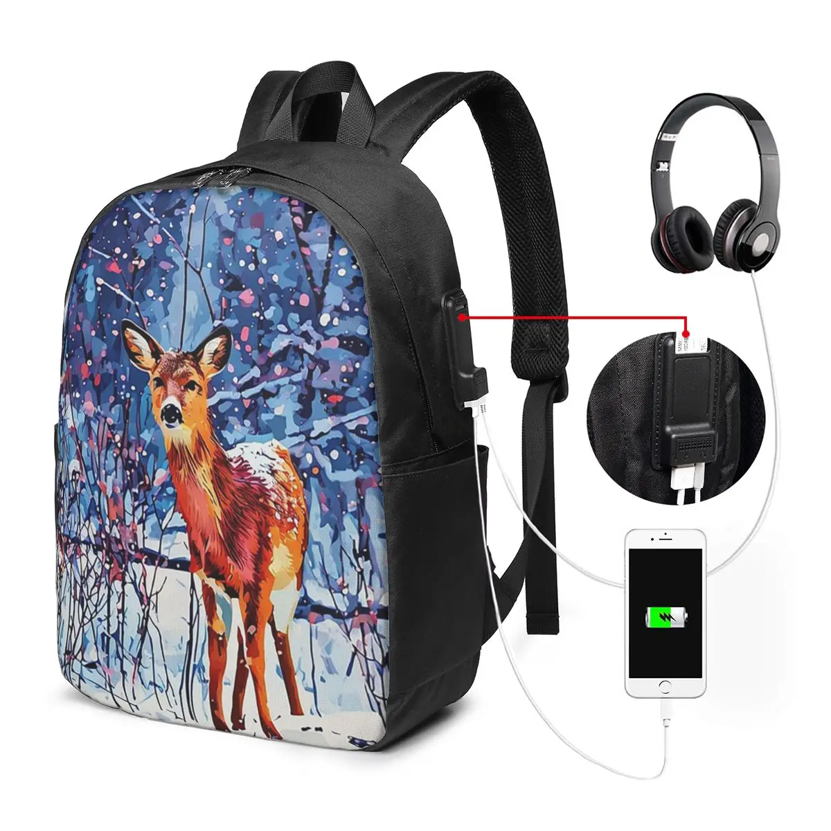Sika Deer In Snow Forest Backpack Travel Notebook Bag Computer College Student School Bag Laptop Shoulder Bags for Men Women