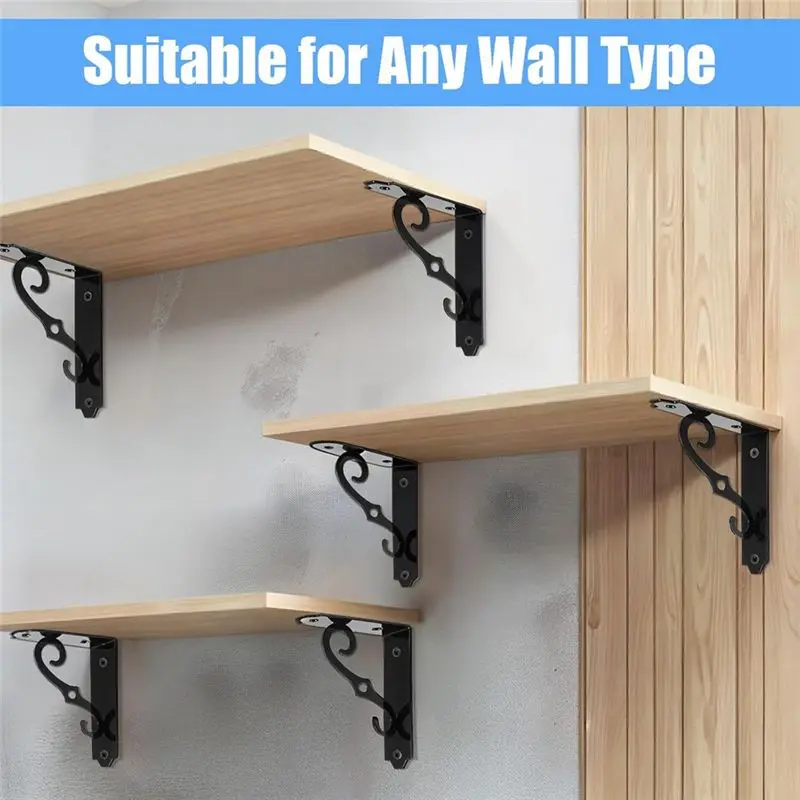 DT17 Heavy Duty Wall Mounted Metal Shelf Brackets 4 Pack, Decorative 5 Inch Black L Shape with Screws, Floating Shelf Supports