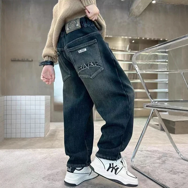 2026 Boys Jeans Pants Spring Autumn Kids Casual Straight Loose Denim Pants Teenage Streetwear Sports Trousers Child Clothing