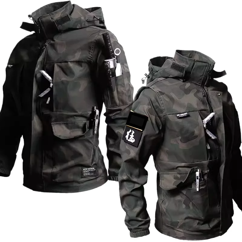 New Thin Camo Mens Set Multi Pocket Hooded Charge Jacket+Drawstring Elastic Sports Pants 2-pcs Set Waterproof Tactical Suits