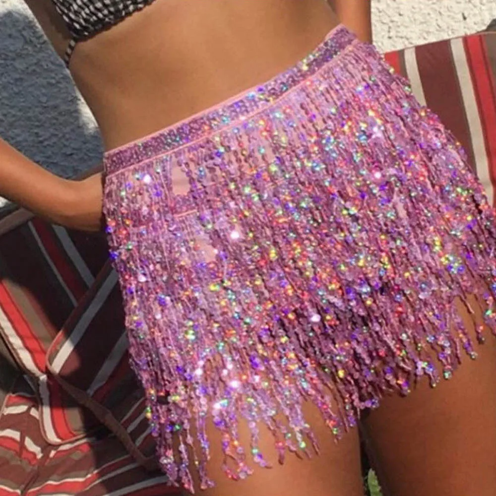 Sexy Belly Dance Layer Skirt Women Sequins Chain Tassel Belt Mini Dress Clubwear Latin Dance Performance Hip Waist Glitter Dress