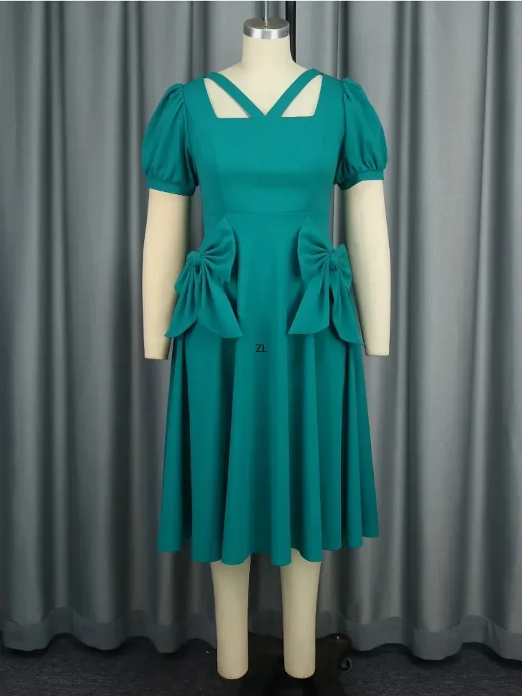 Vestidos Verde Linha A para senhoras, gola quadrada, recortada, manga curta, cintura alta, gravata borboleta linda plissada, vestidos de festa de aniversário