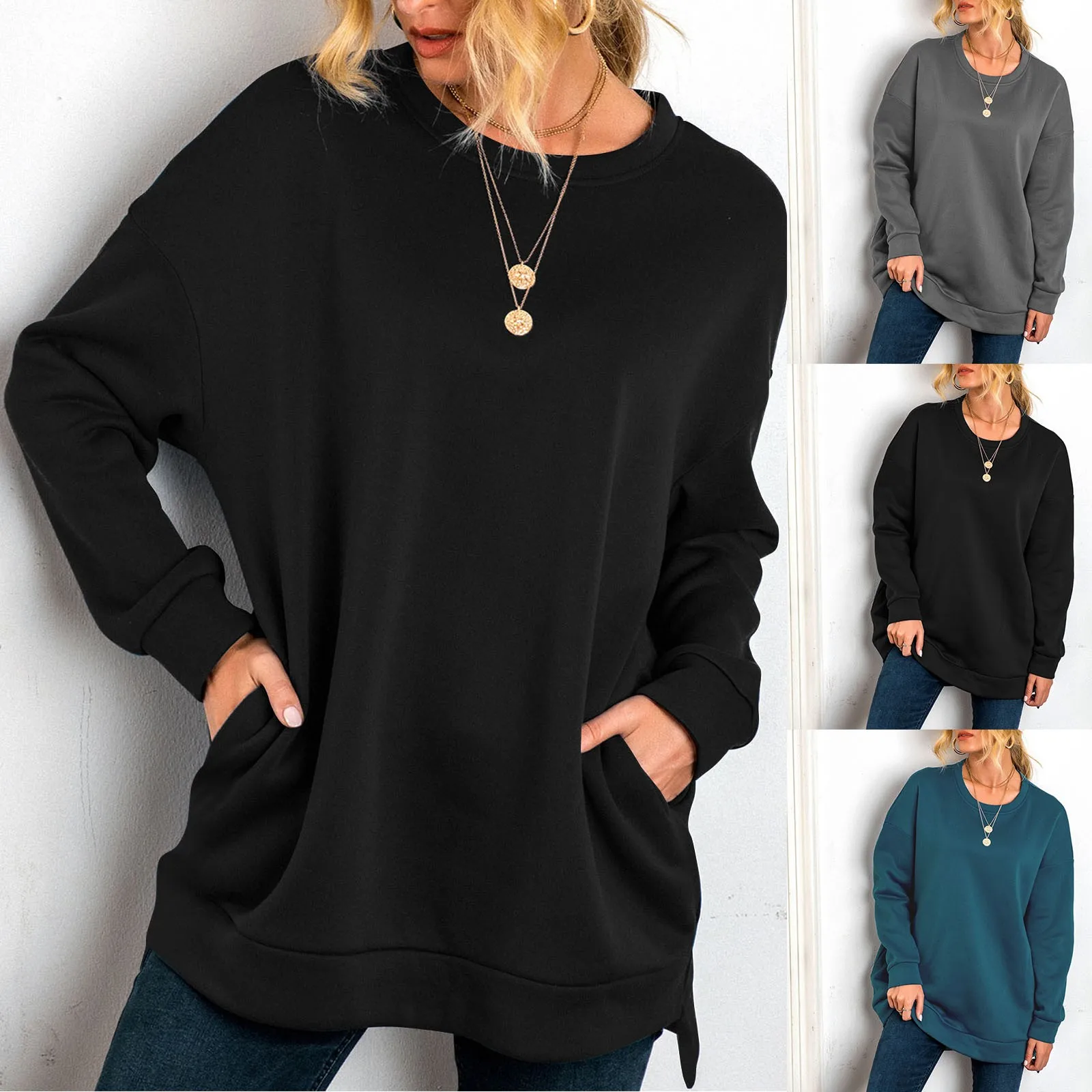 

2024 Hot Sale Cotton Sweatshirts Oversize Women O Neck Loose Pullovers Long Sleeve Top Solid Oversized Sweatshirt For Women