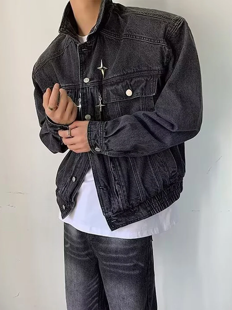 Streetwear Vintage Outerwear Mens Trendy Solid Color Washed Jean Coats Men 2026 Fall Button-up Lapel Long Sleeve Jacket