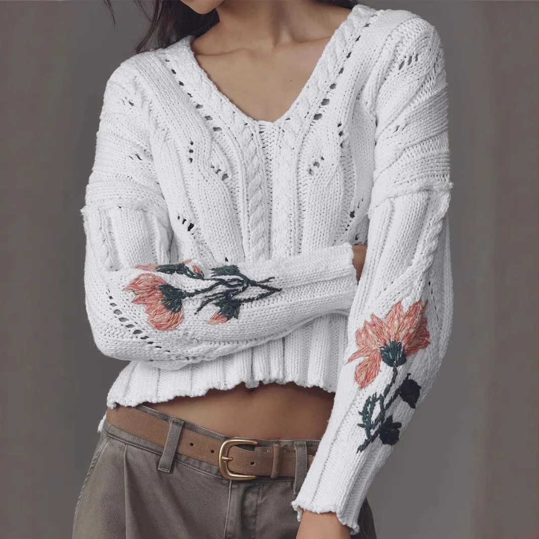 

Women Pullovers Sweaters V Neck Full Sleeve Jumpers Y2k Streetwear Work Elegant Splice Knit Embroidery Floral Autumn Winter