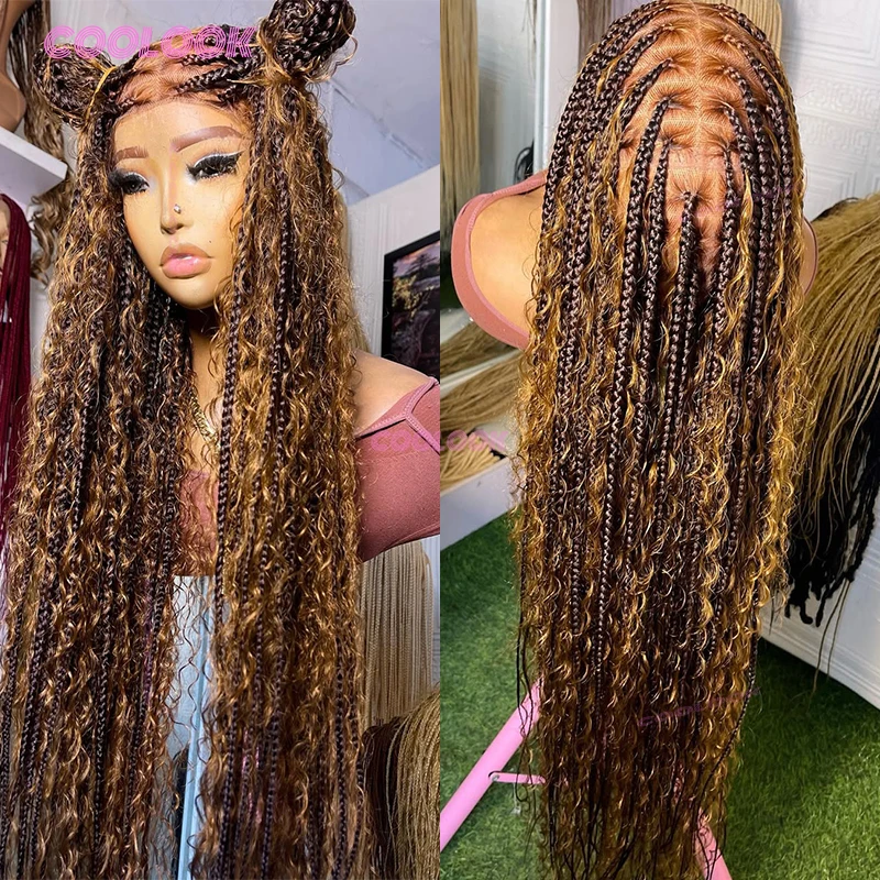 

1B27 Синтетические плетеные парики в стиле бохо для чернокожих женщин, полные кружевные плетеные парики без узлов, косички, дешевые парики на продажу