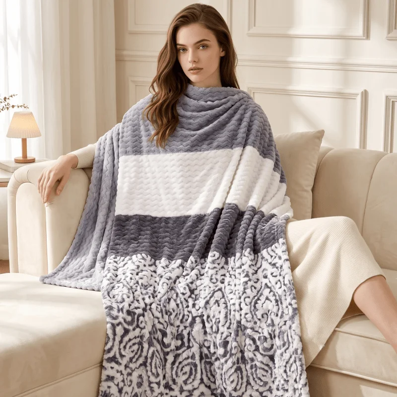 Patchwork Plush Blanket Soft Fuzzy Flannel Throw Blanket for Sofa Bed Office Couch Warm Cozy Bedspread Home Decor