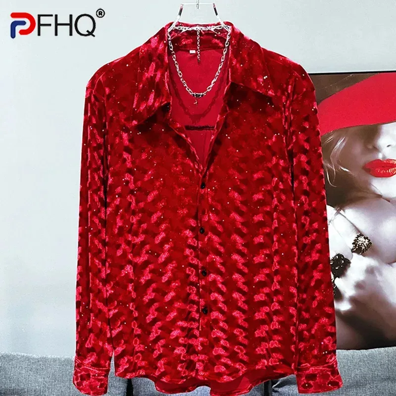 PFHQ Herrenhemd Herbst Winter Neue Mode Samt Design Trendy Vielseitig 2024 Einfarbig Umlegekragen Tops 21Z6683