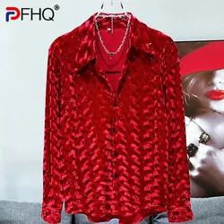 PFHQ Men's Shirt Autumn Winter New Fashion Velvet Design Trendy Versatile 2024 Solid Color Turn-down Collar Tops 21Z6683