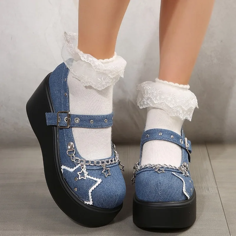 High Heel Wedges Mary Janes Denim Round Toe  2024 Brand Shoes Female Buckle Strap Casual Spring/autumn Chain Solid Pumps