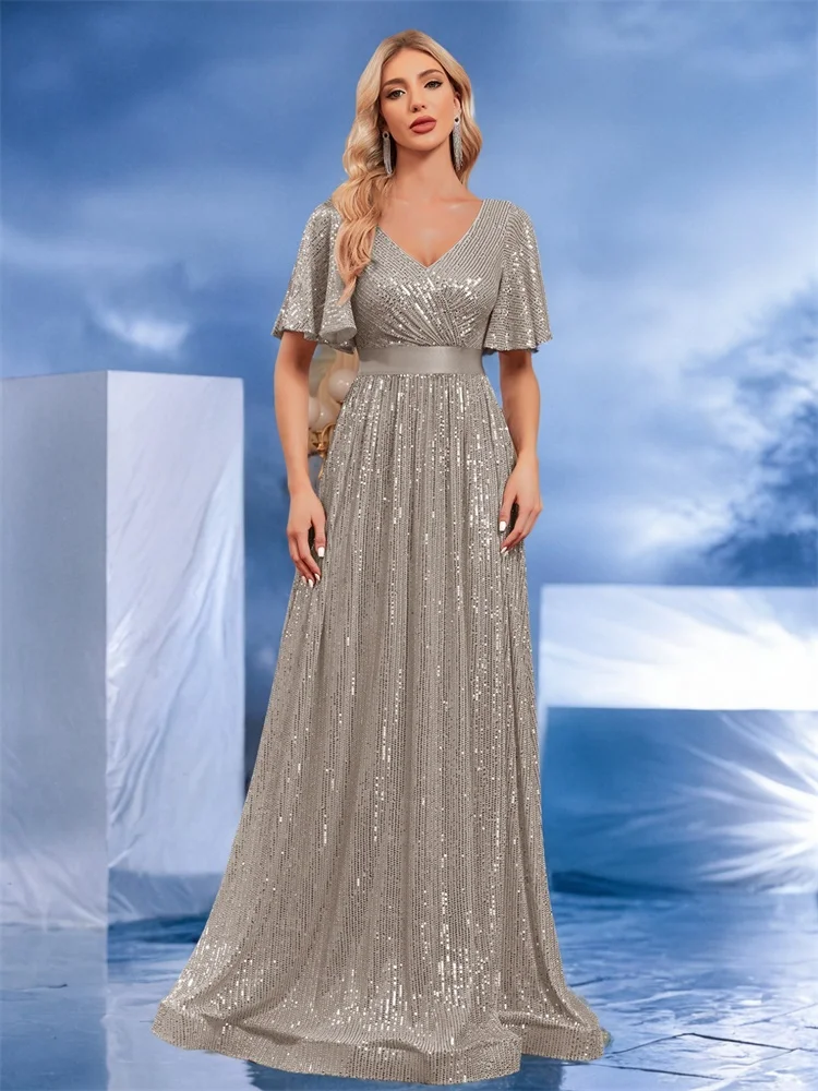 Lucyinlove Luxury V Neck Short Sleeves Formal Evening Dress Women 2024 Sequins Wedding Party Prom Maxi Cocktail Dresses Gown