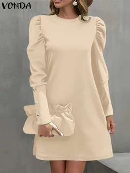 Plus Size 5XL VONDA Abito elegante Manica lunga a lanterna Casual Allentato Tinta unita Vestito estivo 2025 O Collo Vestido A-Line Robe Oversize