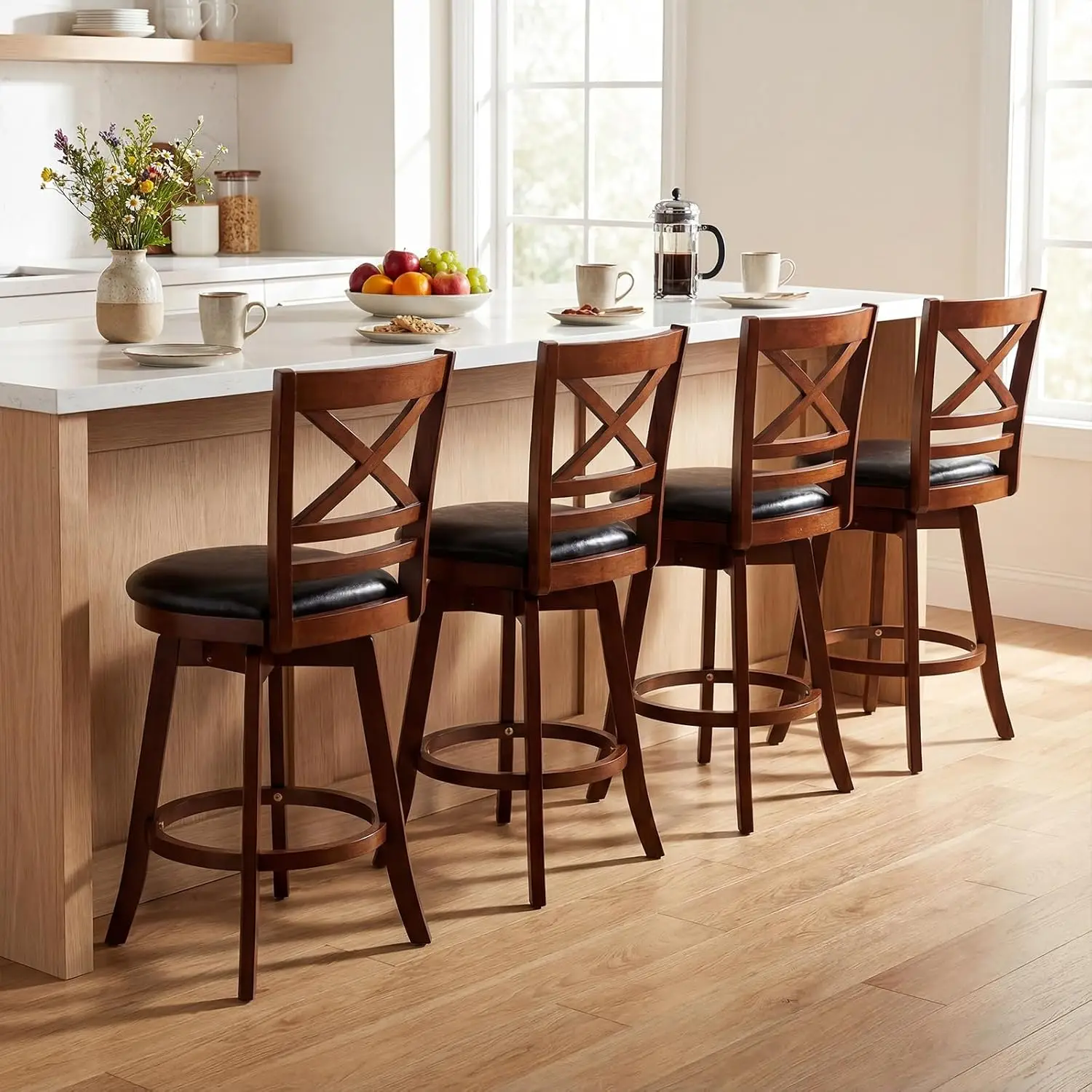 25'' Bar Stools 4-Pack, Swivel Counter Height Barstools With Backrest & Faux Leather Seat, Wood With Footrest, Customized