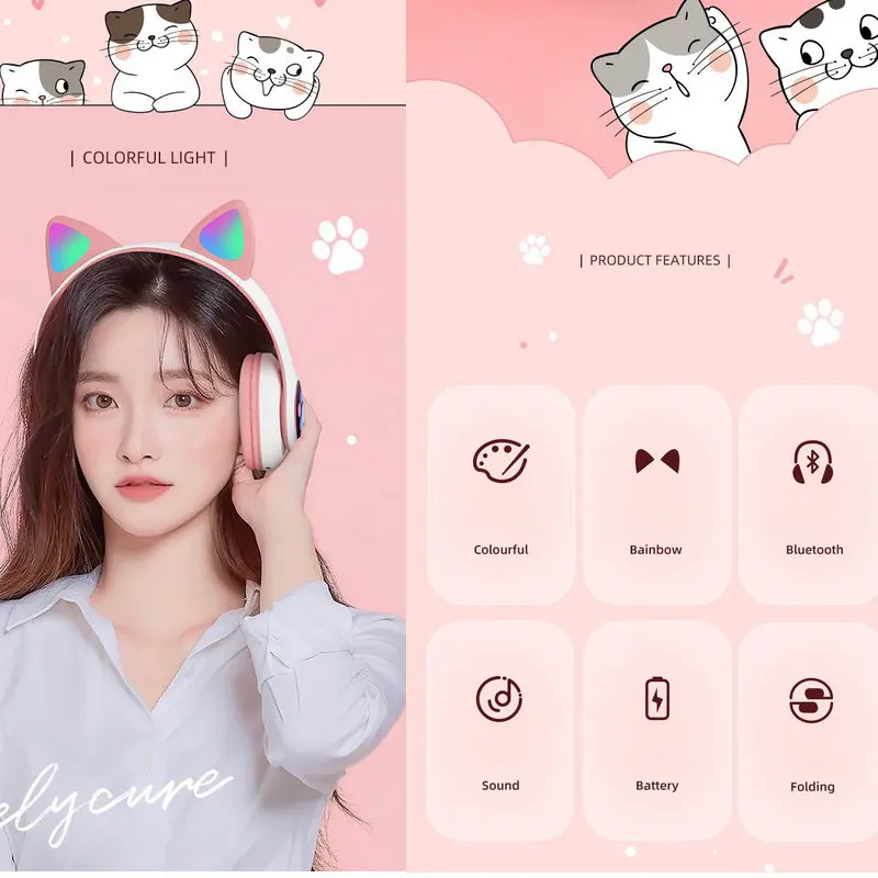 2025 New Flash Lamp Cute Cat Ears Headphone Bluetooth 5.0 Stereo Mic Support TF Card Wireless Earphone Kids Girl Birthday Gifts image 3