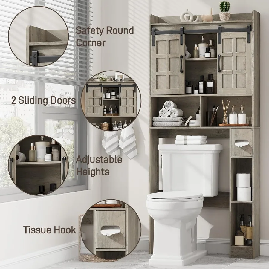 خزانة تخزين فوق المرحاض، خزانة تخزين المزرعة فوق المرحاض مع أبواب منزلقة، رف مرحاض موفر للمساحة للحمام