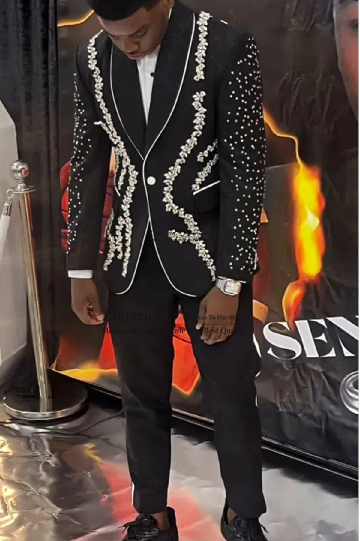 

Glitter Gem Crystals Men Suits Customized Slim Fit Groom Wedding Tuxedo High End 2 Pieces Sets Male Party Blazers Costume Homme