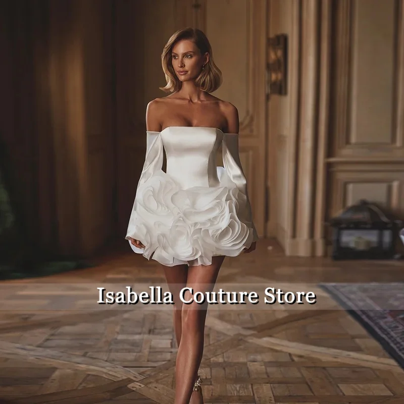 Customized Bohemian Boat Collar Satin Solid Beaded Floral Wedding Dress Short Mini Backless Wedding Gown Long Sleeve