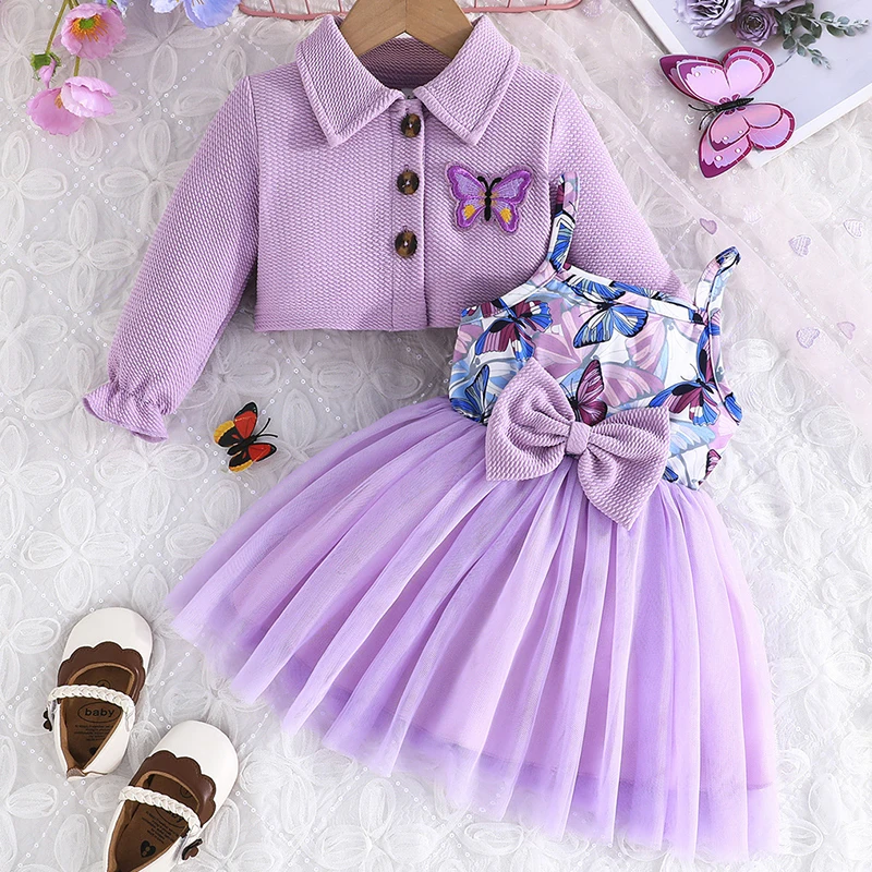 2Piece Sets 2025 Spring Summer Baby Clothes Girl Fashion Butterfly Coat+Print Bow Mesh Dress Toddler Dresses Newborn Items BC327