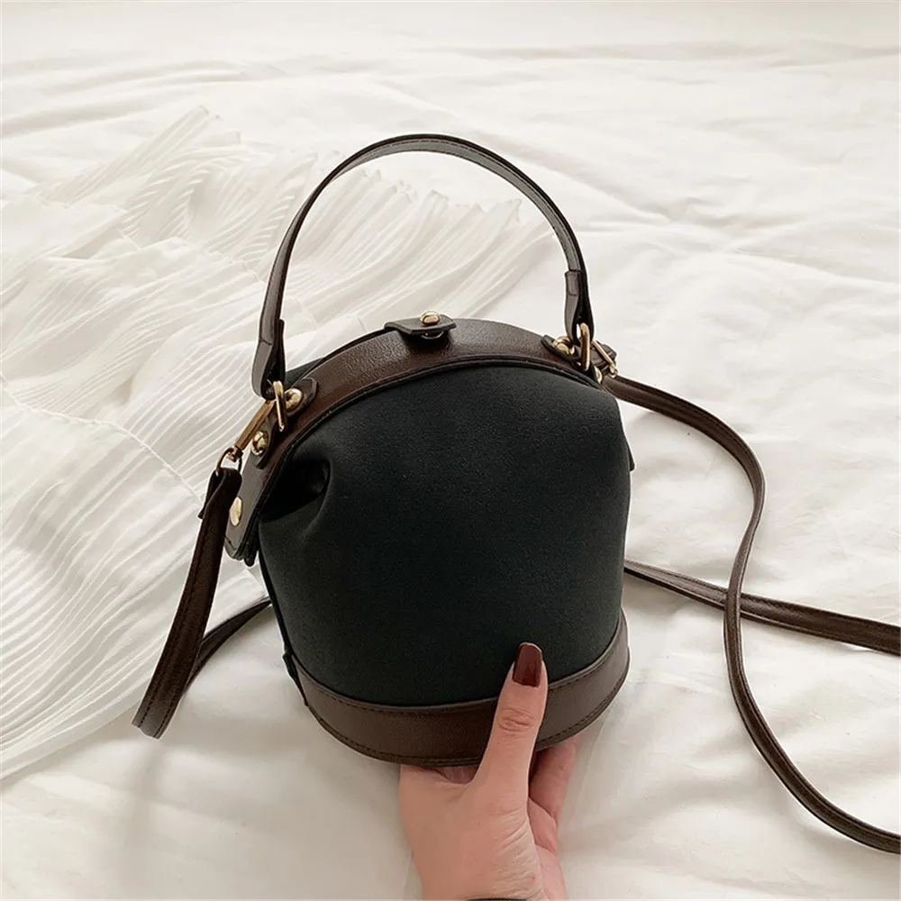 New Vintage Fashion Female Bucket Bag Travel Shoulder Messenger Bag Women Frosted Leather Handbag Metal Buckle Tote Handheld Bag