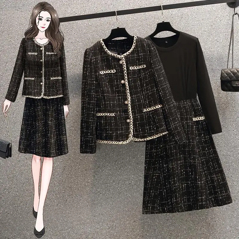 Women Tweed Jacquard Plaid Black Suit Pearl single breasted Jacket Coat Top+Dress Two Piece Set Outfit Winter Elegant Warm Cloth