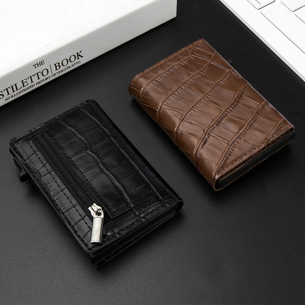 CASEKEY New RFID Short Men Card Bag Wallet Pop Up Card Holder Male Purse Crocodile Pattern Leather Smart Wallet with Coin Purse