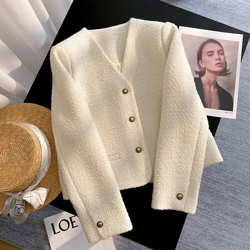 MEXZT Vintage Tweed Jacket Women Elegant Cropped V Neck Coat Winter Korean Short Outerwears Ladies Long Sleeve Design Blazer New