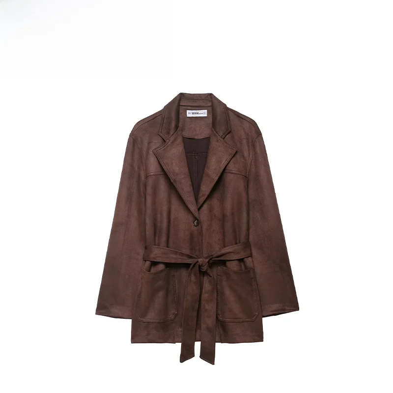 

Fall New Sle Women's Faion Jaet with Belt Faux Suede Effect Windproof Coat Mid-Length Polyester Ladies Outerwear