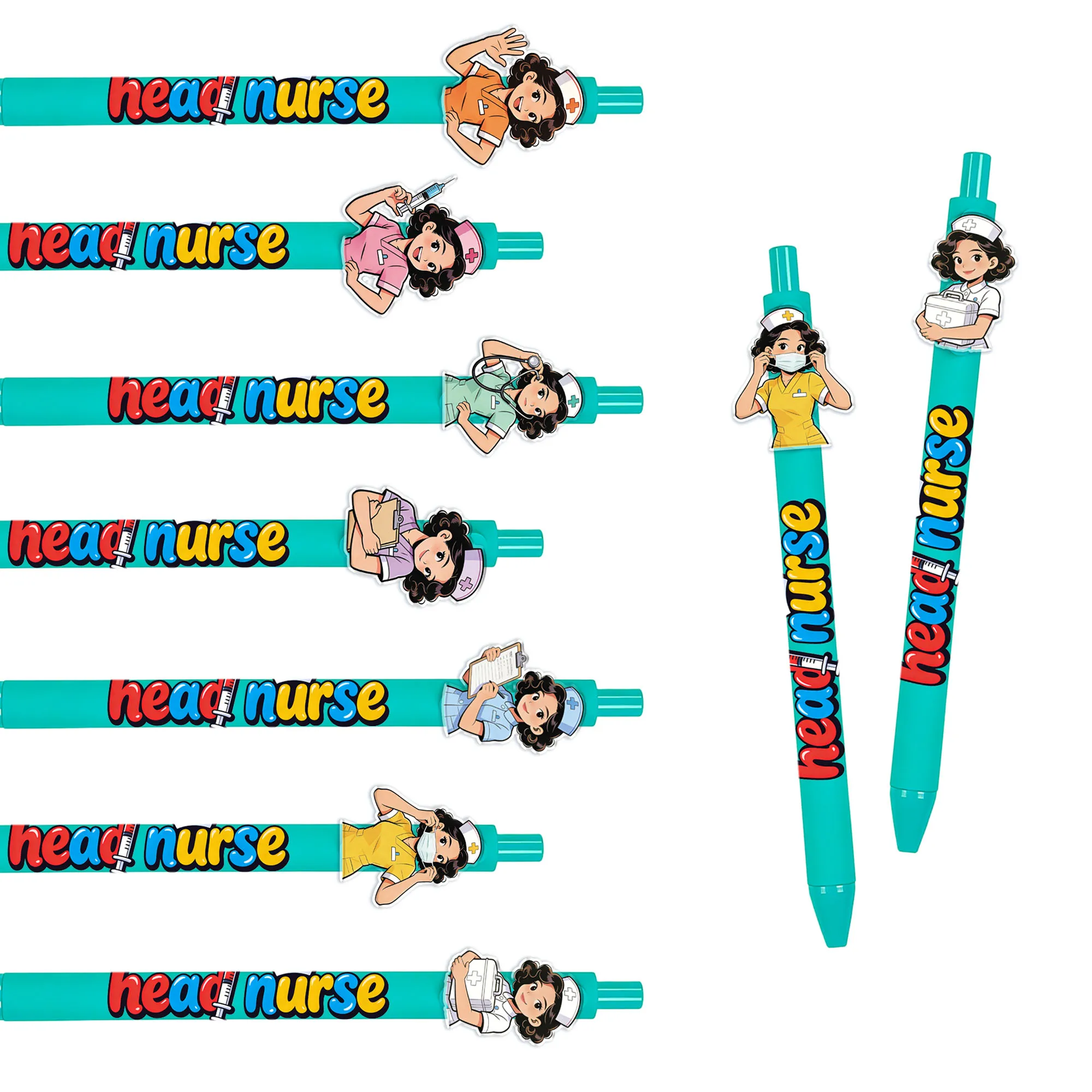 

7pcs nurse medical themed personalized blue-green pen holder ballpoint pen, school season student writing gift pen, cute pen
