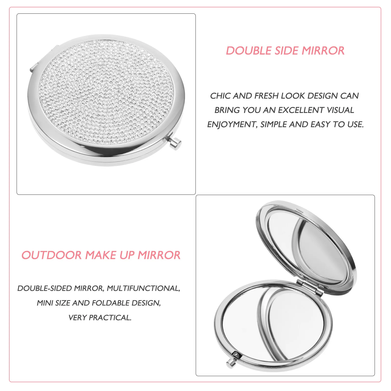 Rhinestone Metal Foldable Makeup Mirror Double Side Portable Compact Pocket Travel Outdoor Mini Purse Mirror Gift