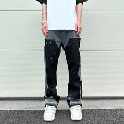 2026 Black Stacked Flared Jeans Men Y2k Streetwear Vintage Slim Fit Bell Bottom Splashed Ink Washed Flare Jean Trousers