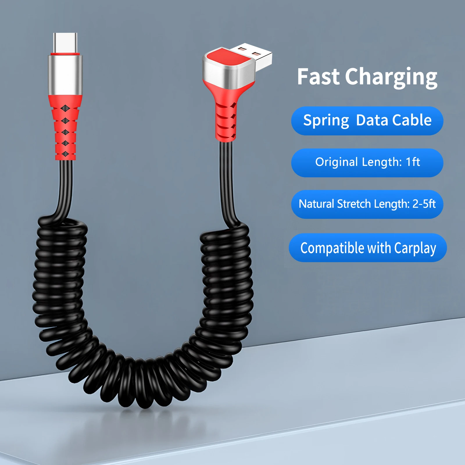 90 Degree USB A to USB C Cable for Carplay,Coiled Retractable Charger Cable Compatible with iPhone 17/16/15/Samsung Galaxy S20