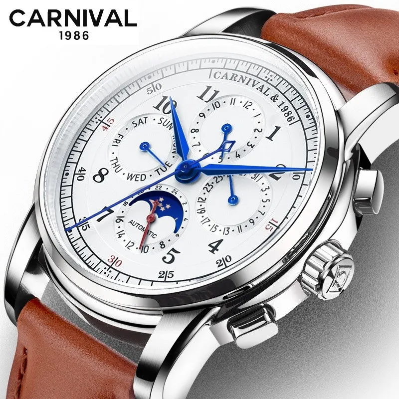 Carnival Seven Pins Multi-function Sport Mechanical Automatic Wristwatch For Mens Watch Sapphire Crystal Week Date Month Relógio